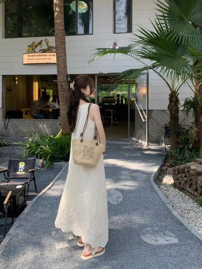 U Collar Embroidery Long Dress (Beige, White)