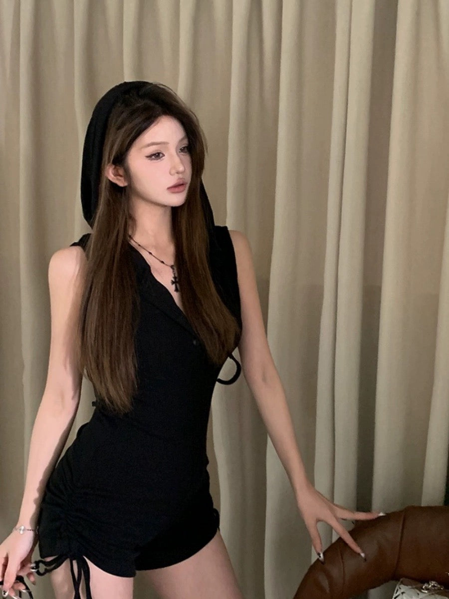 Sleevless Hat Romper (Black,Grey)