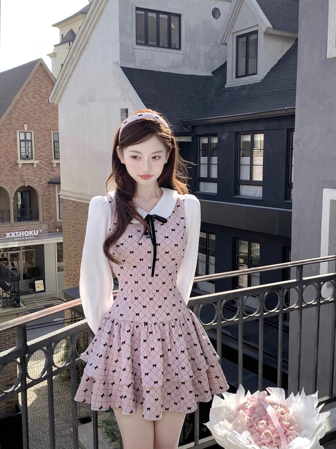 Premium Pinky Bow Long Sleeve Dress