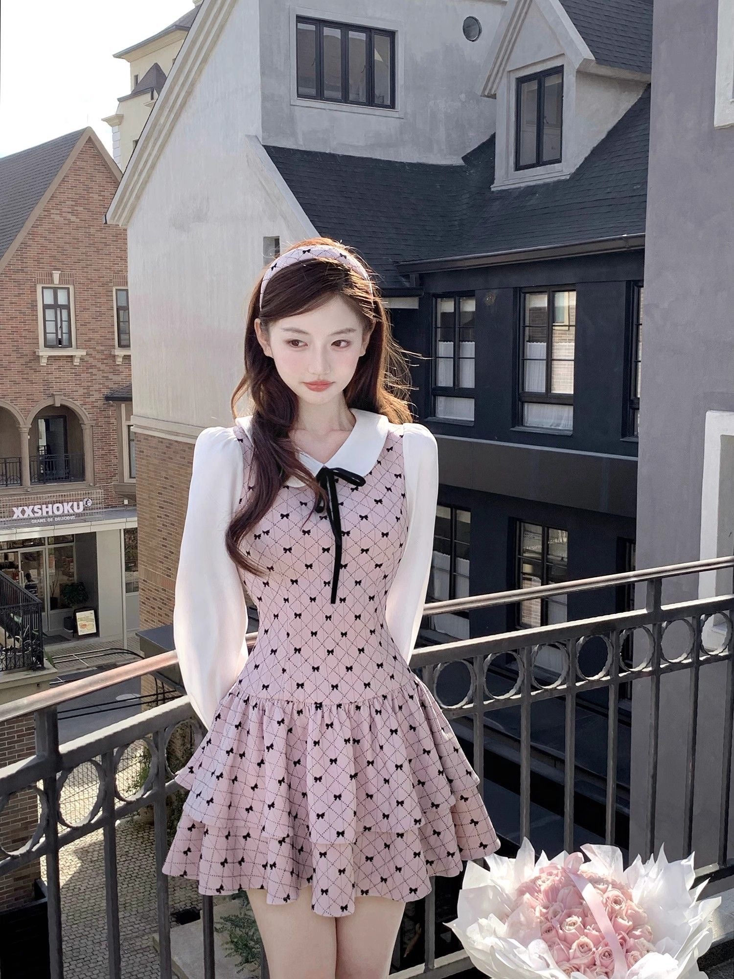 Premium Pinky Bow Long Sleeve Dress