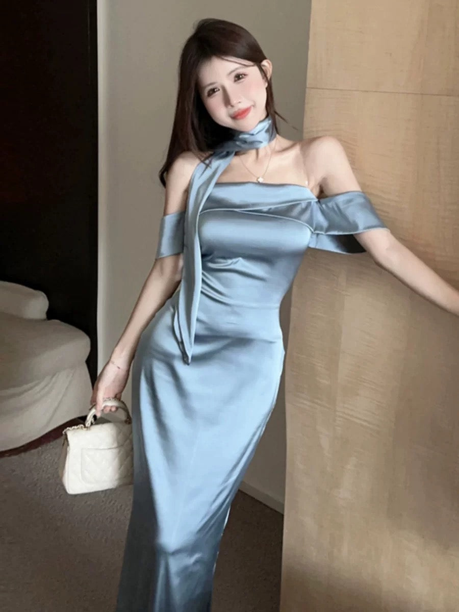 Silky Blue Tube Long Dress (S, M)