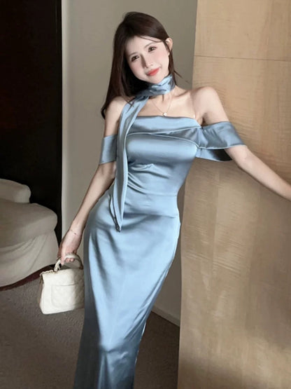 Silky Blue Tube Long Dress (S, M)