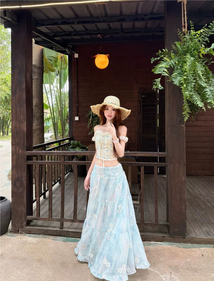 Top + Blue Skirt Two Piece Set