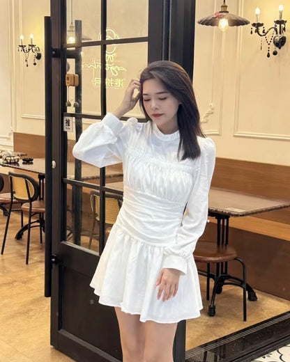 Round Collar Cream Long Sleeve Dress