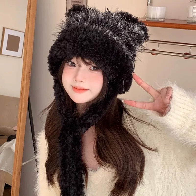 Fuzzy Knitted Ribbon Kitty Hat