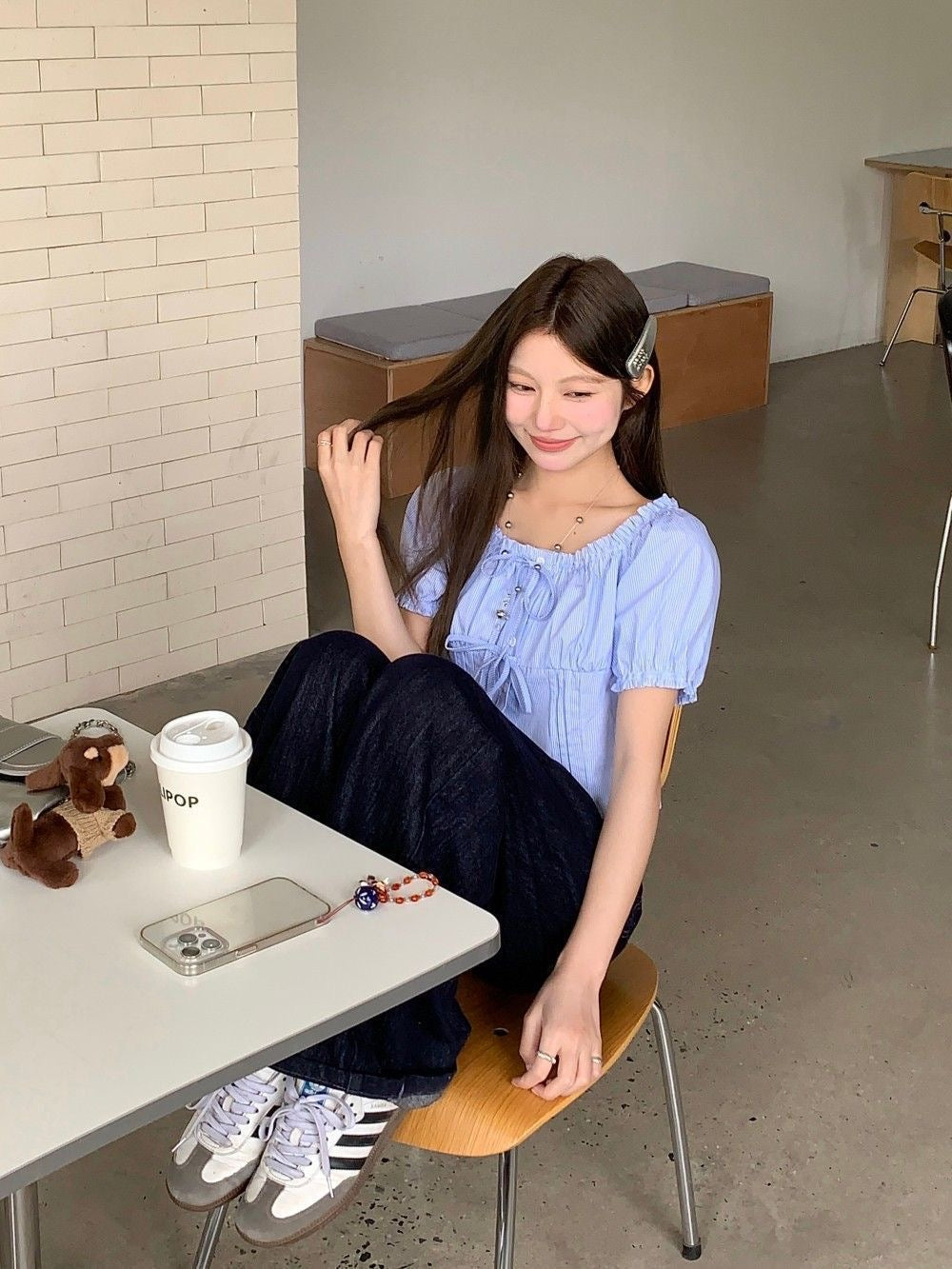 Puff Sleeve Stripe Blue Top