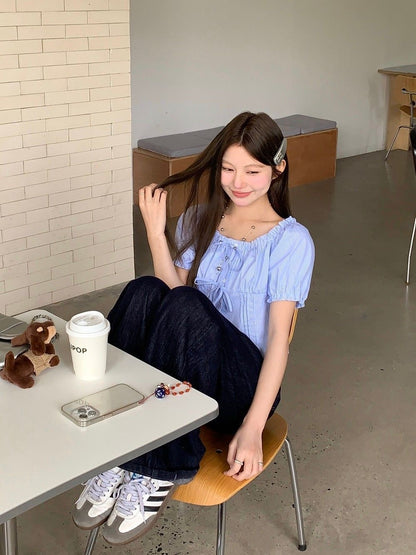 Puff Sleeve Stripe Blue Top