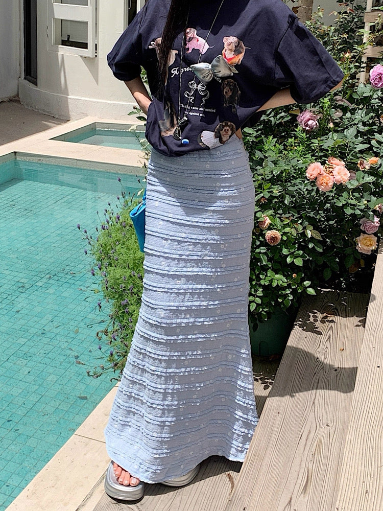 White Mini Flower Long Skirt (Blue, Yellow)