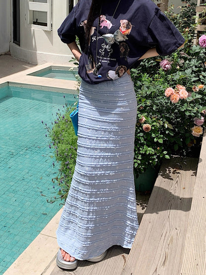 White Mini Flower Long Skirt (Blue, Yellow)