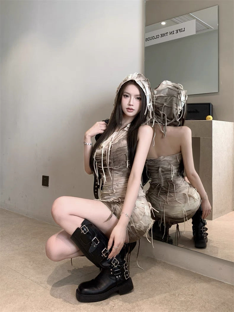 Khaki Jelly Fish Long Dress with Hat