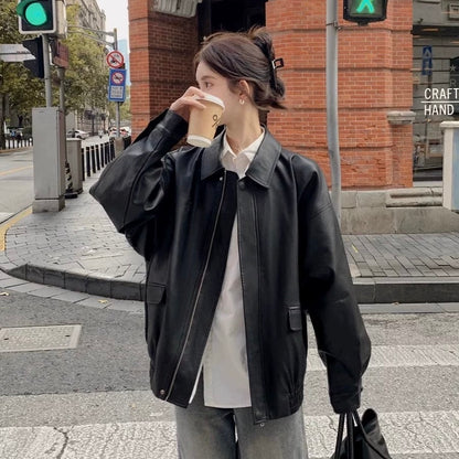 Thin PU Leather Oversize Jacket (Brown)
