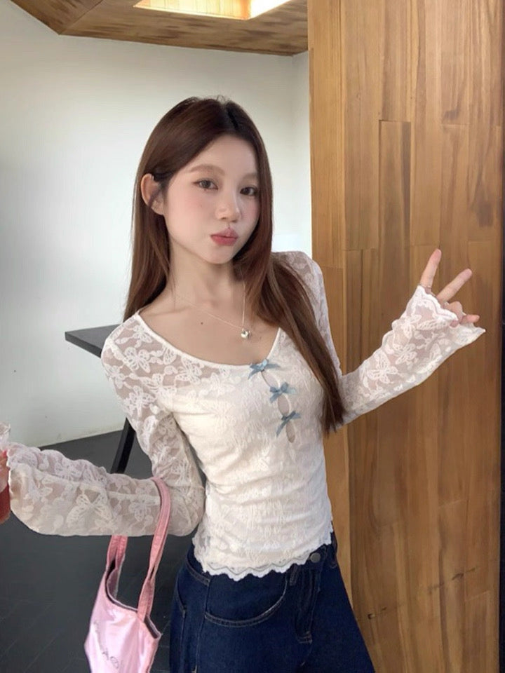 Blue Bows Lace Beige Long Sleeve Top