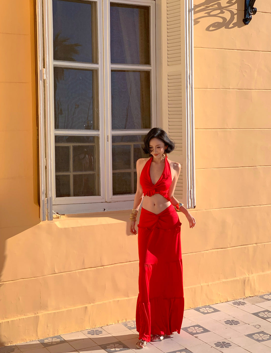 V Collar Top + Long Skirt Two Pieces Set
