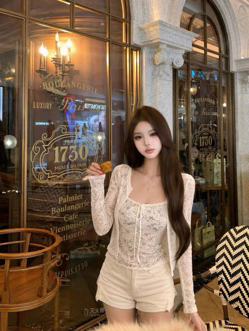 Embroidery Laces Top + Cardigan Two Piece Set
