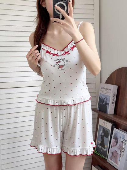 Kitty White Strap Top + Shorts Two Pieces Set Homewear Pyjamas