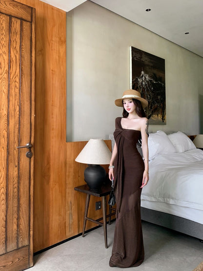 Chocolate Side Strap Mesh Long Maxi Dress