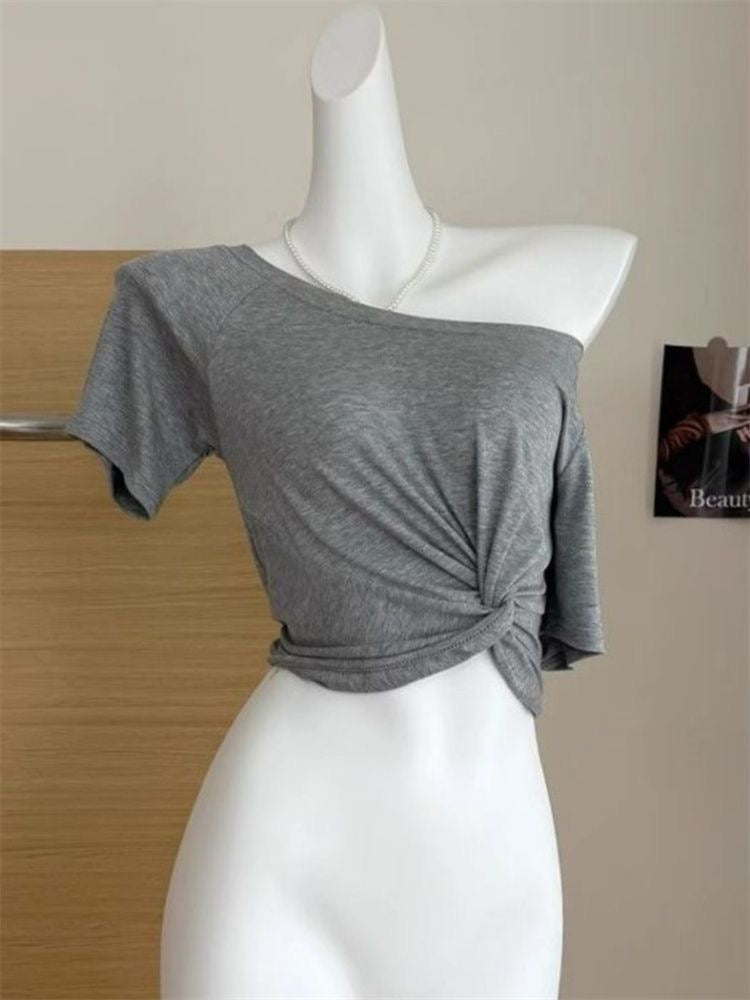 Basic Off Side Shoulder Crop Top (White, Grey, Black)