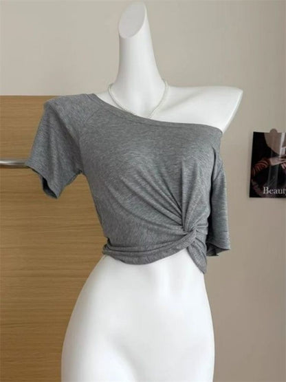 Basic Off Side Shoulder Crop Top (White, Grey, Black)