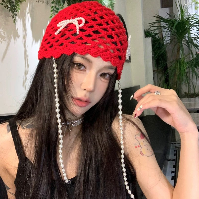 Pearl Ribbon Knitted Embroidery Hat (Red)