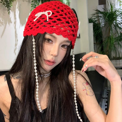 Pearl Ribbon Knitted Embroidery Hat (Red)