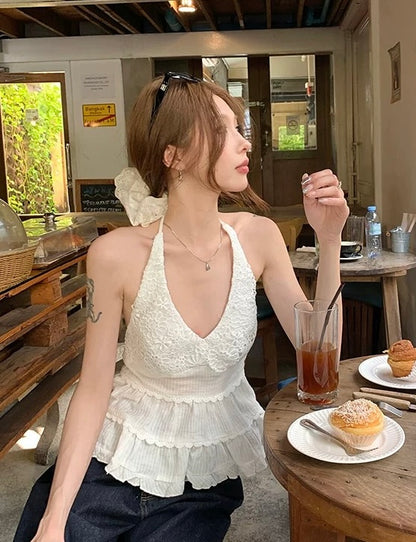 White Deep U collar Round Neck Top