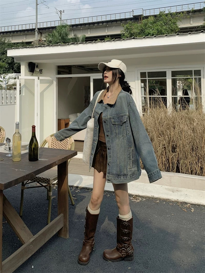 Denim Mix Brown Collar Jacket