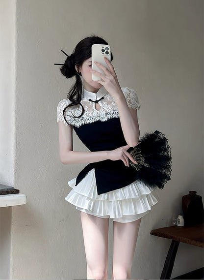 White Collar Black Cheongsam Top