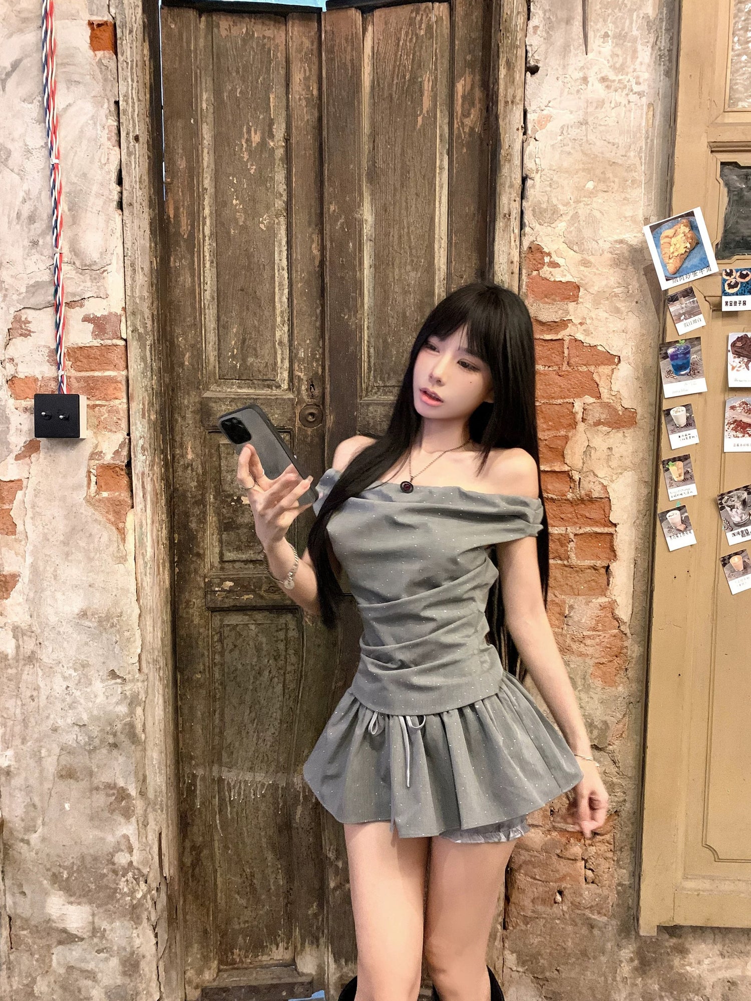 Grey Top + Skirt Two Pieces Set