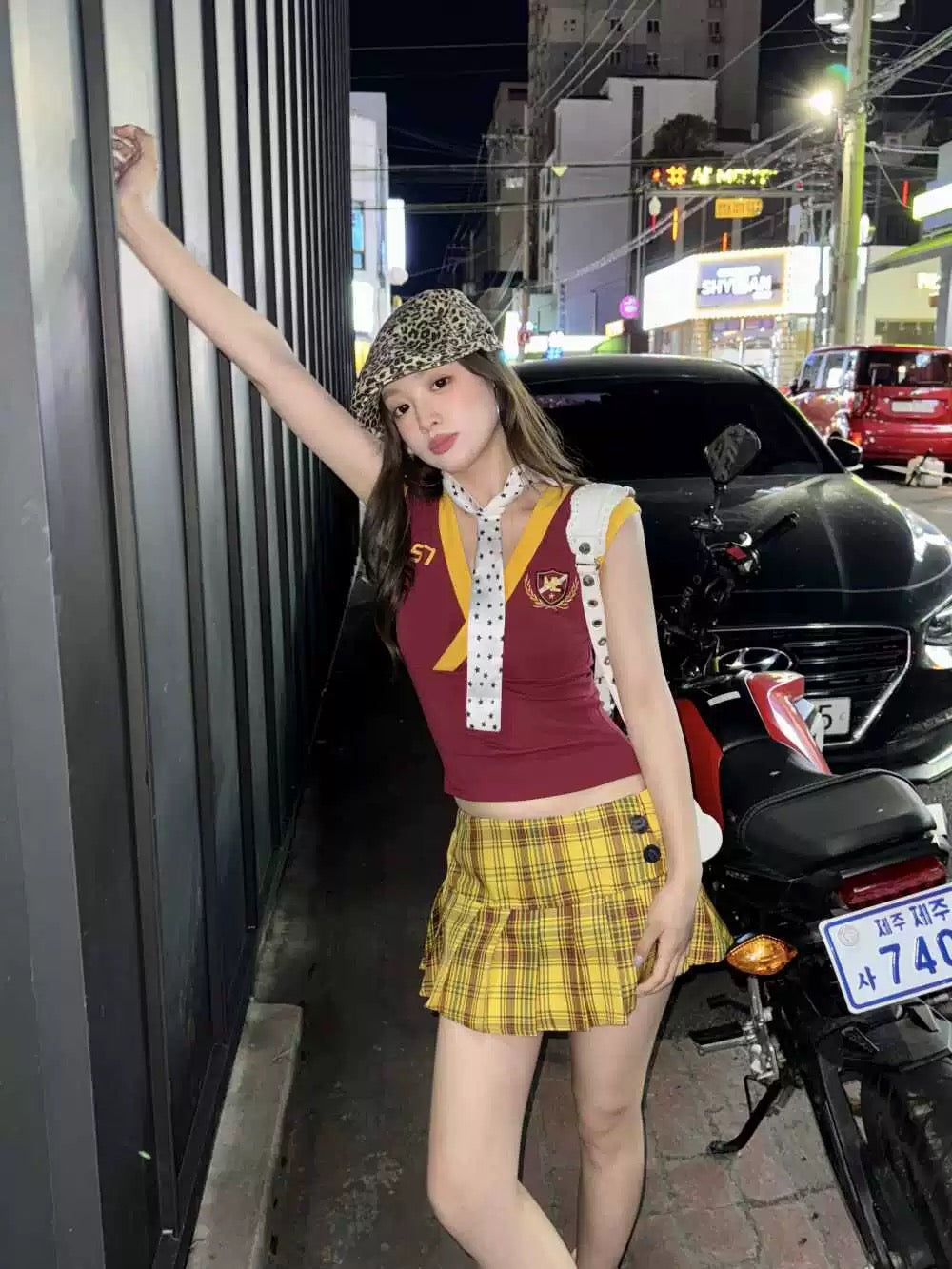 Uni V Collar Top + Skirt Two Piece Set (S, M)