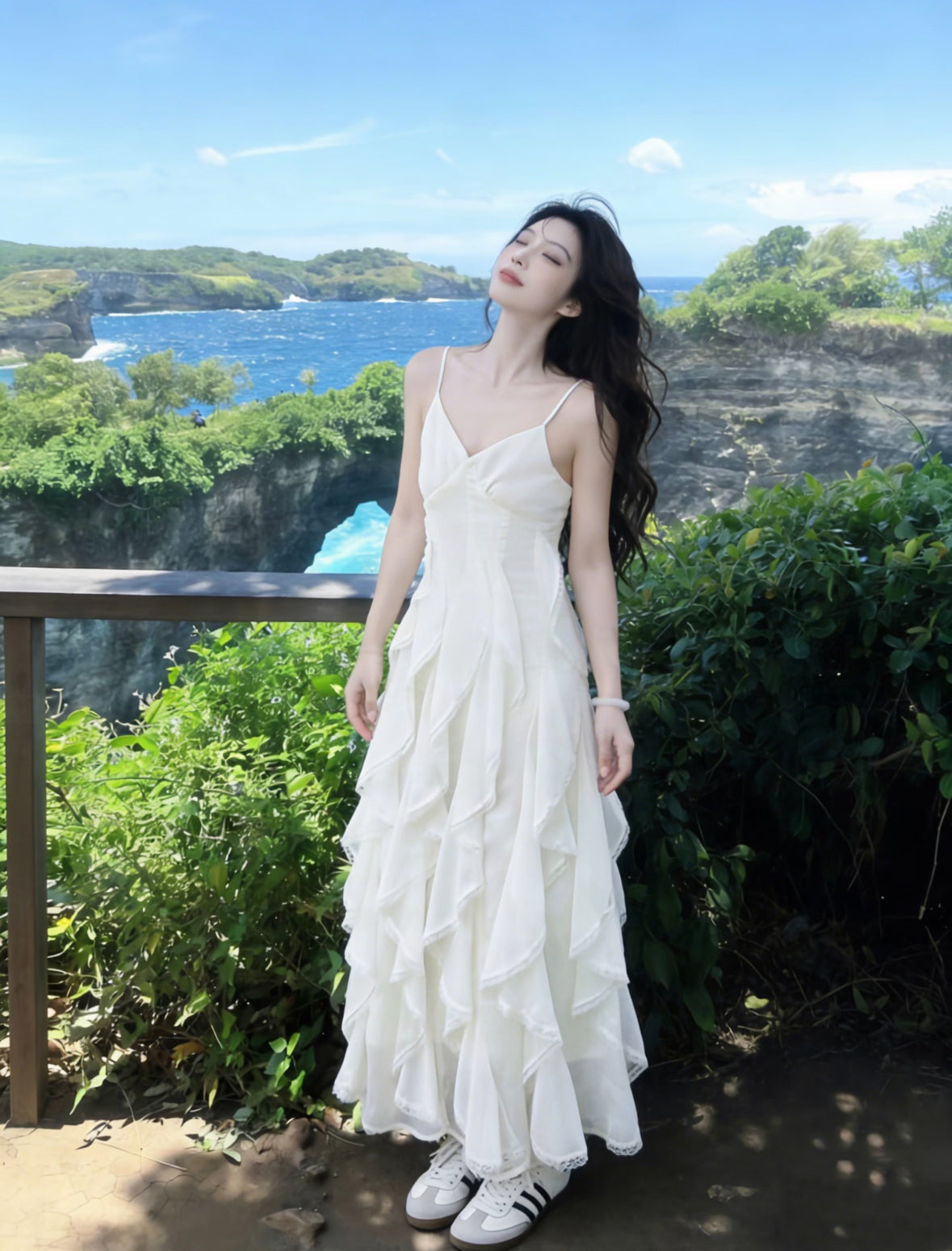 White Ruffles Bottom Strap Dress
