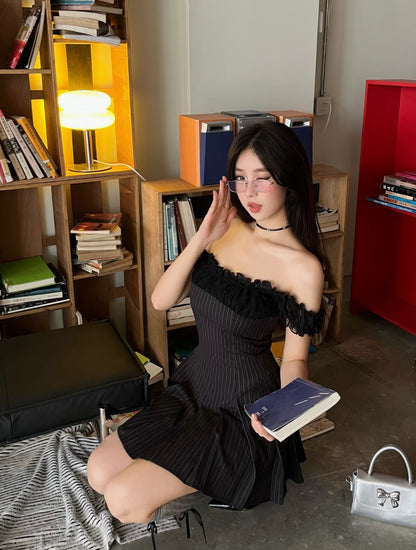 Limited Navy Stripe Off Shoulder Dress