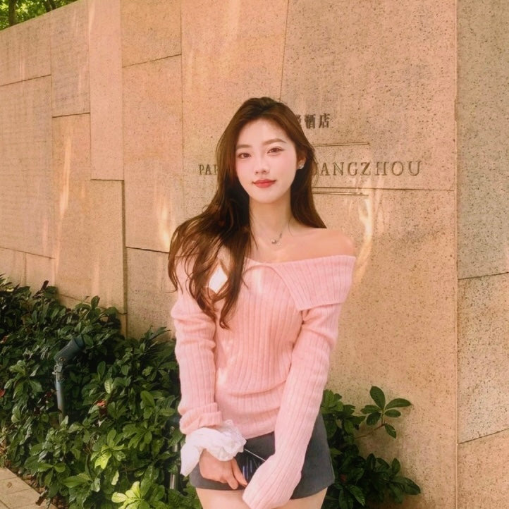 V Collar Knitted Long Sleeve Top (Pink, Beige)