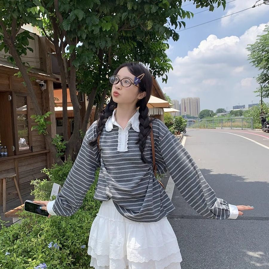 White Collar Stripe Long Sleeve Top