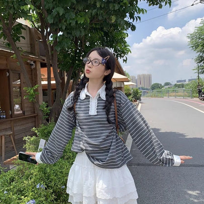 White Collar Stripe Long Sleeve Top