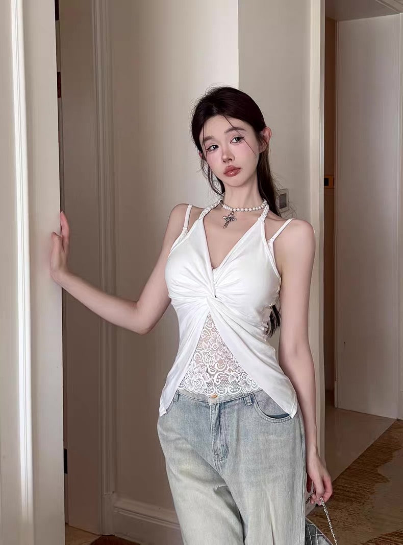 Mix Lace Round Collar Singlet Top