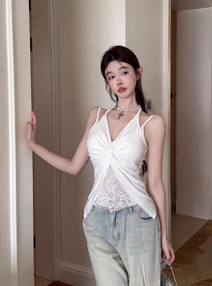 Mix Lace Round Collar Singlet Top