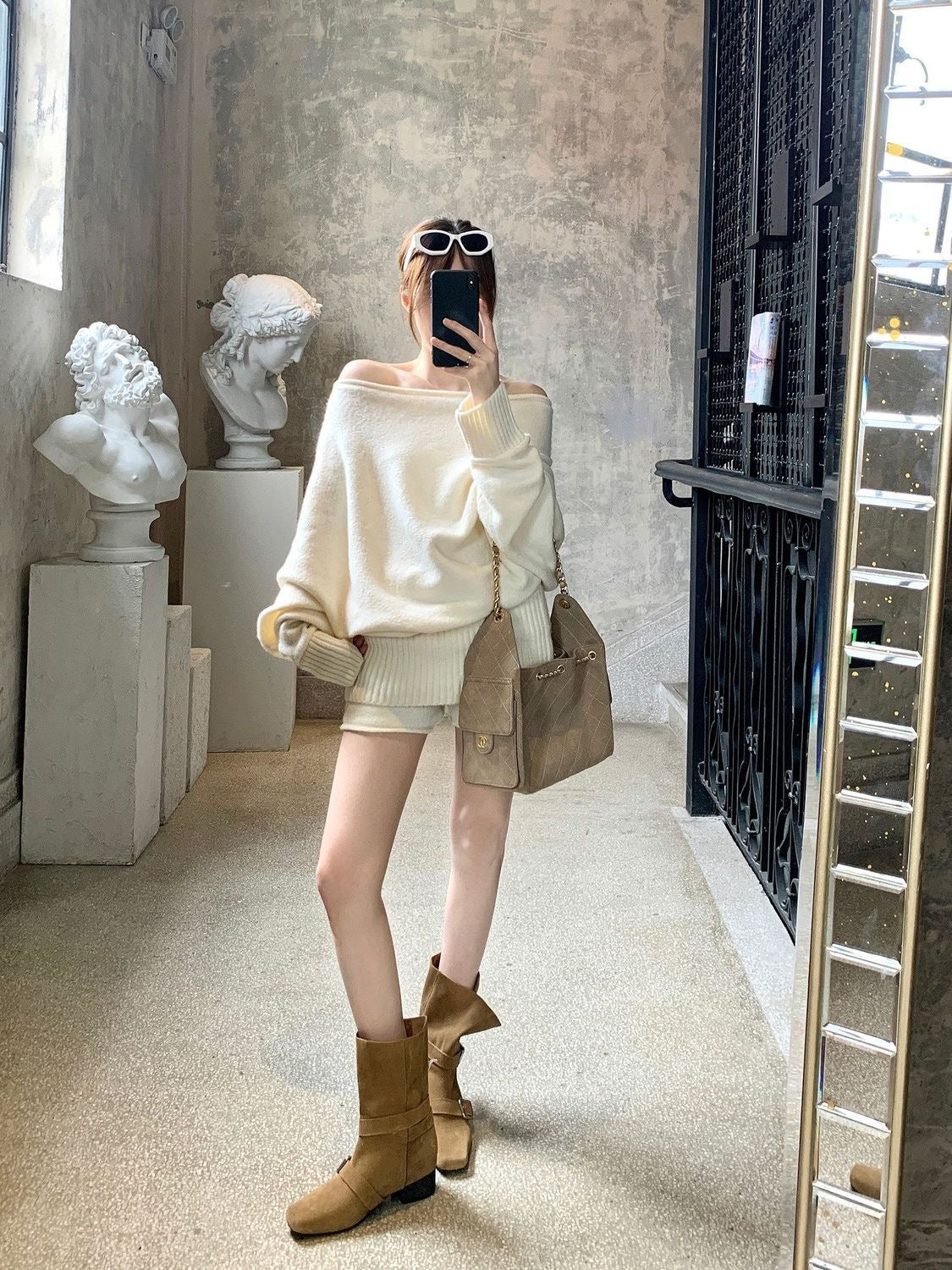 Cream Knitted Top + Shorts Two Piece Set