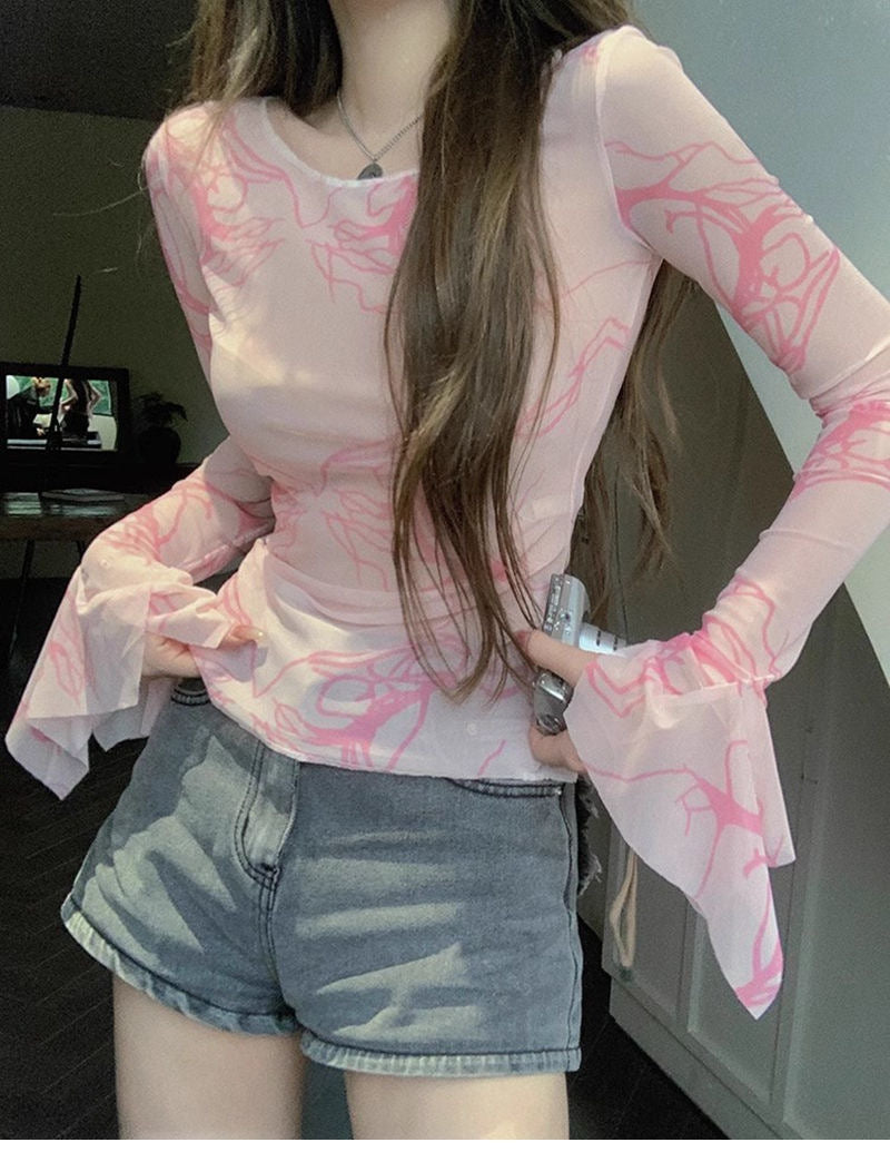 Pink Long Sleeve Mesh Top