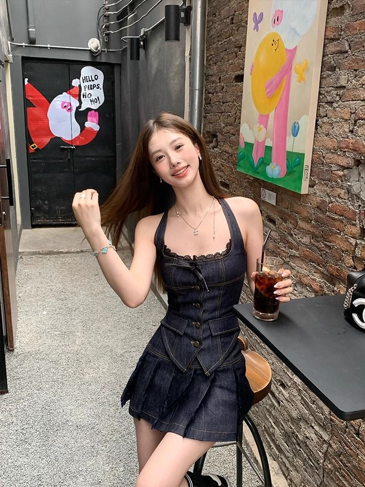 Denim Top + Skirt Two Piece Set (M）