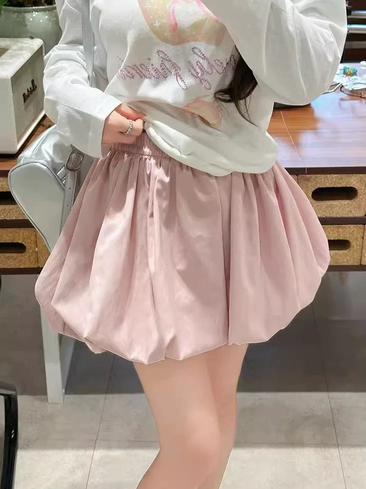High Waist Lantern Skort Skirt SK12 (Pink, White)