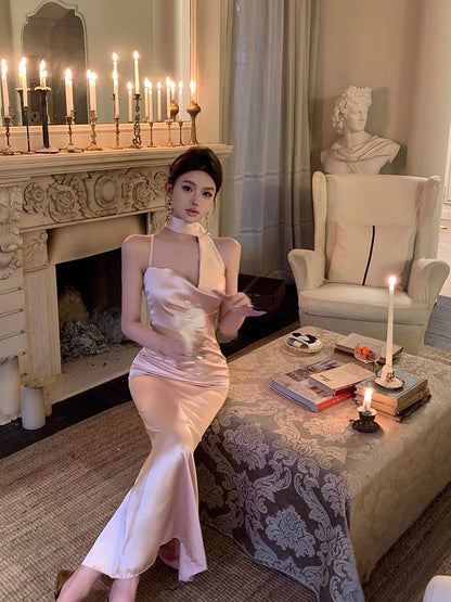 Silky Champagne Side Collae Long Dress (S)