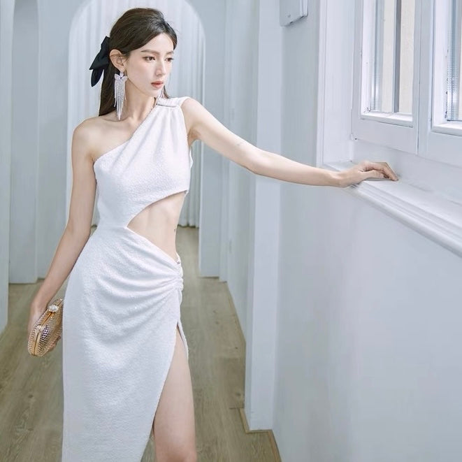 Summer Thin Side Waist Cut Long Dress (Black - S)