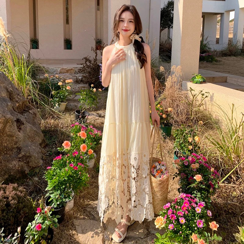 Beige Embroidery Floral Long Dress