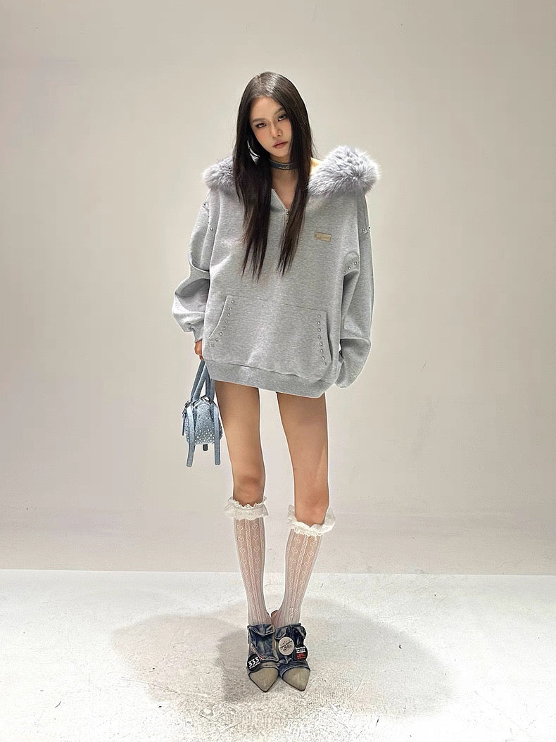 Grey Hoodie Long Sleeve Top