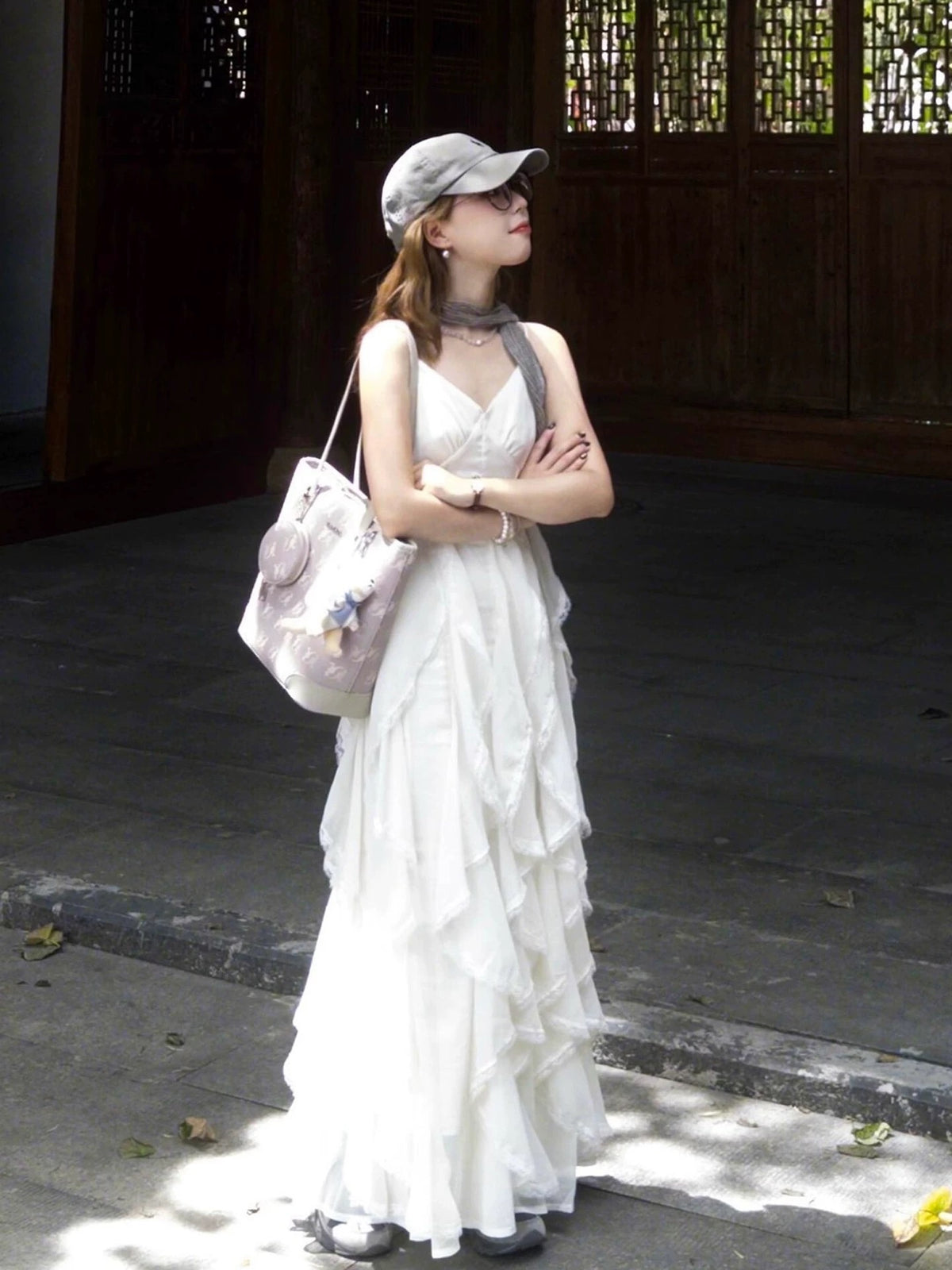 White Ruffles Bottom Strap Dress