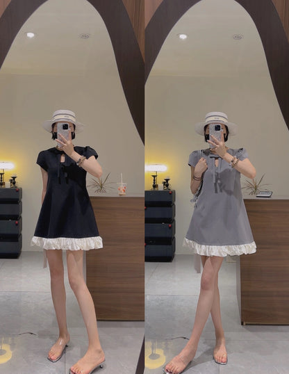 Puff Sleeve Dress (Black, Grey)