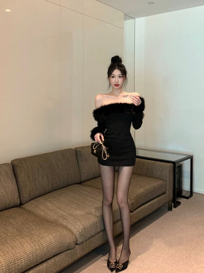 Black Two Wear Off Side Shoulder Long Sleeve Tube Dress