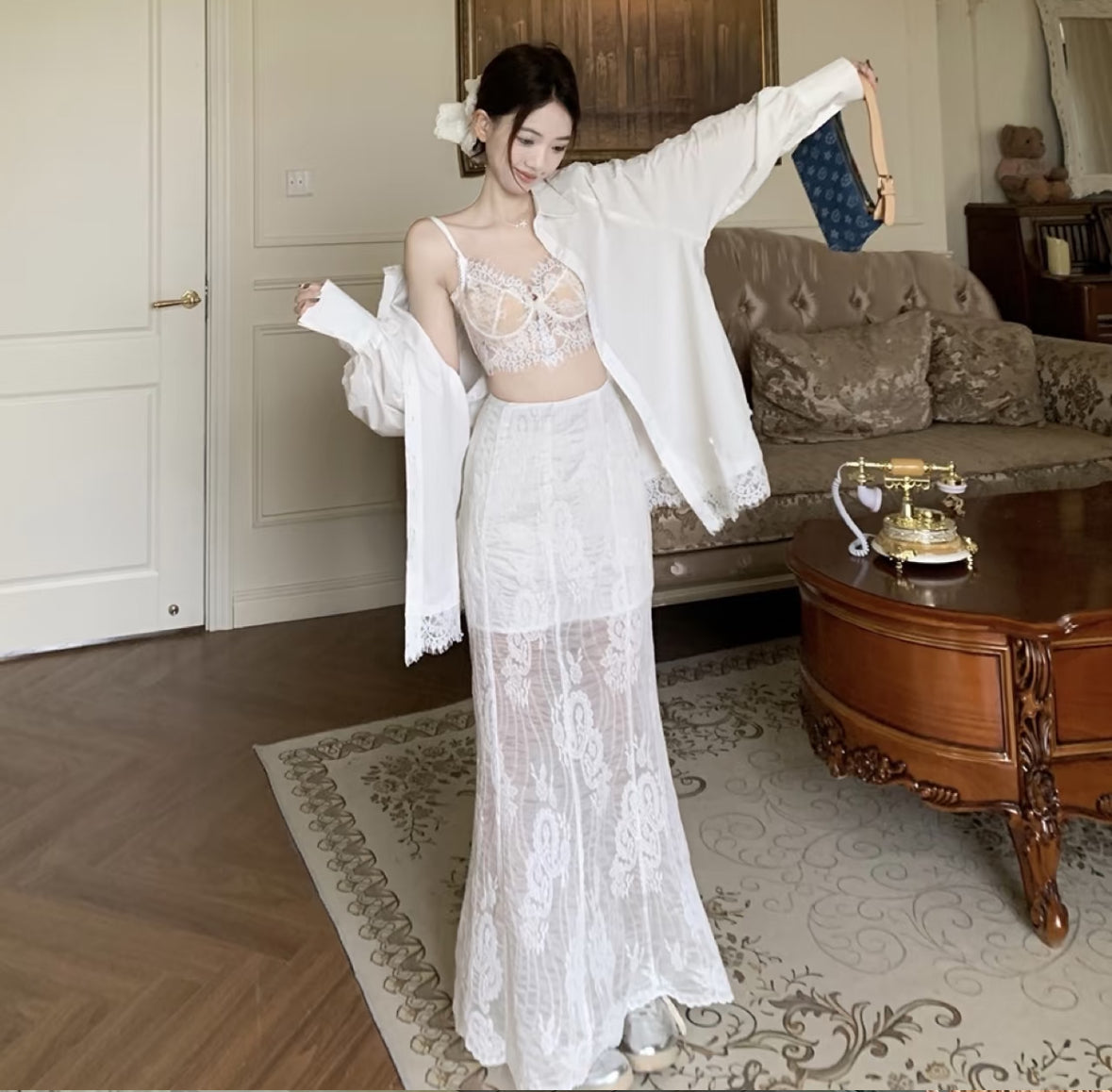 Beige Lace Long Skirt SK28 (S)