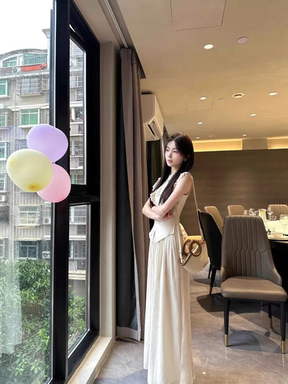 Cream White Cheongsam Top CD038 + Pants Two Piece Set (S, M)