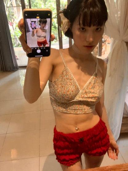 Red Low Waist Thin Puff Latern Short